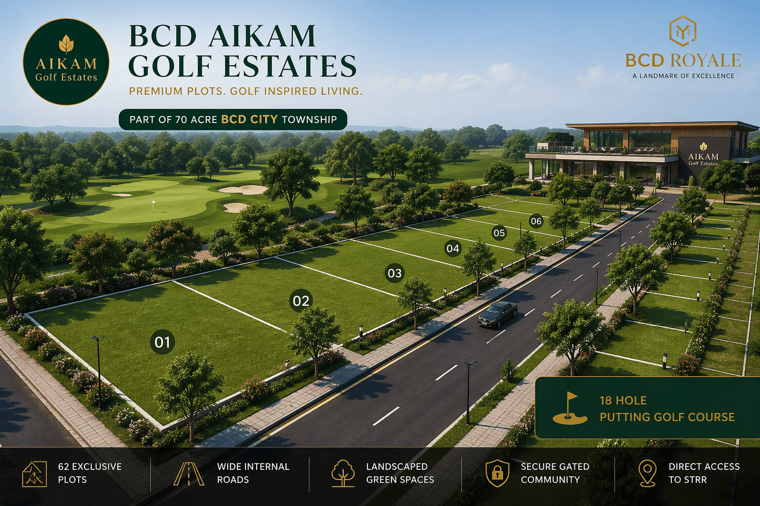 Residential plots in BCD Aikam Golf Estates Hoskote with clear plot demarcation and wide internal roads