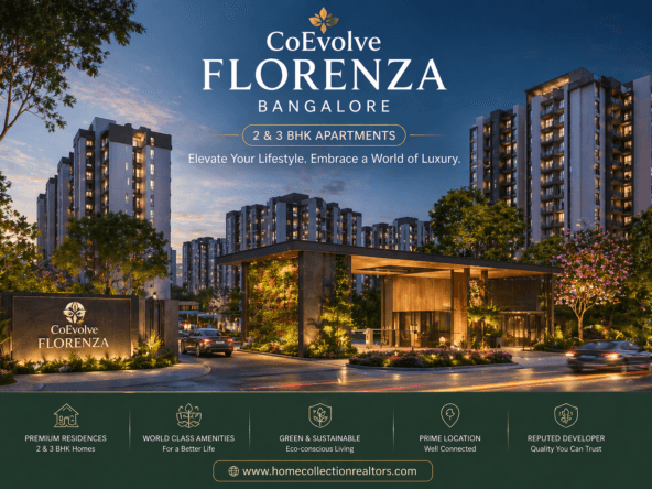 CoEvolve Florenza Bangalore premium 2 and 3 BHK apartments Sarjapur modern high-rise residential project exterior view with clubhouse and landscaped gardens