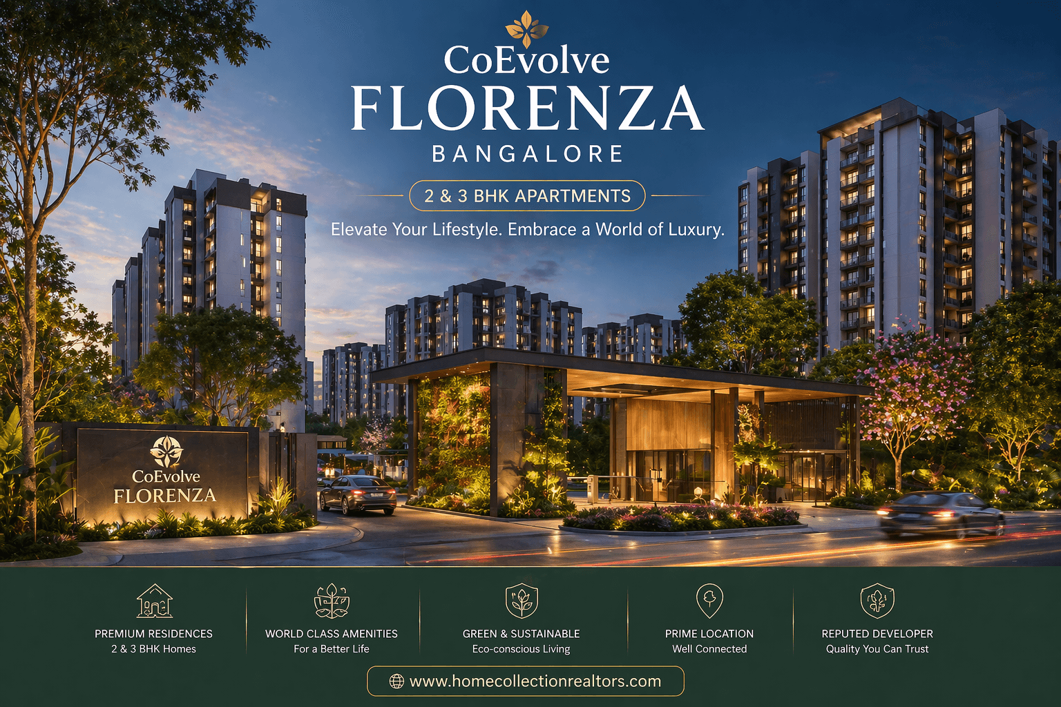 CoEvolve Florenza Bangalore premium 2 and 3 BHK apartments Sarjapur modern high-rise residential project exterior view with clubhouse and landscaped gardens