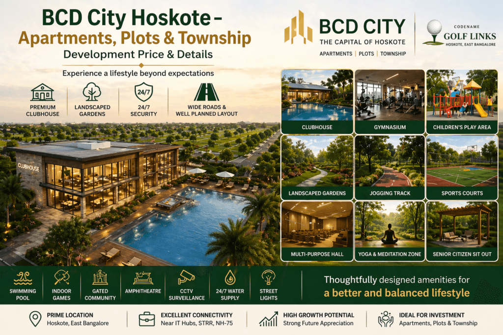 BCD City Hoskote world class amenities including clubhouse, swimming pool, gym, landscaped gardens and recreation zones