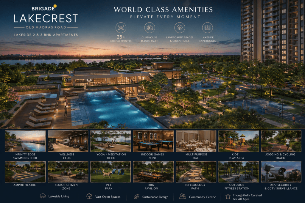 Brigade Lakecrest amenities with clubhouse swimming pool landscaped gardens Old Madras Road Bangalore