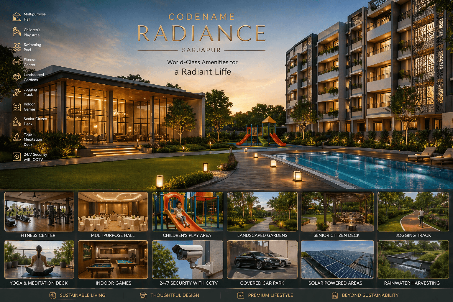 Codename Radiance Sarjapur amenities including clubhouse, swimming pool, gym, children play area and landscaped gardens