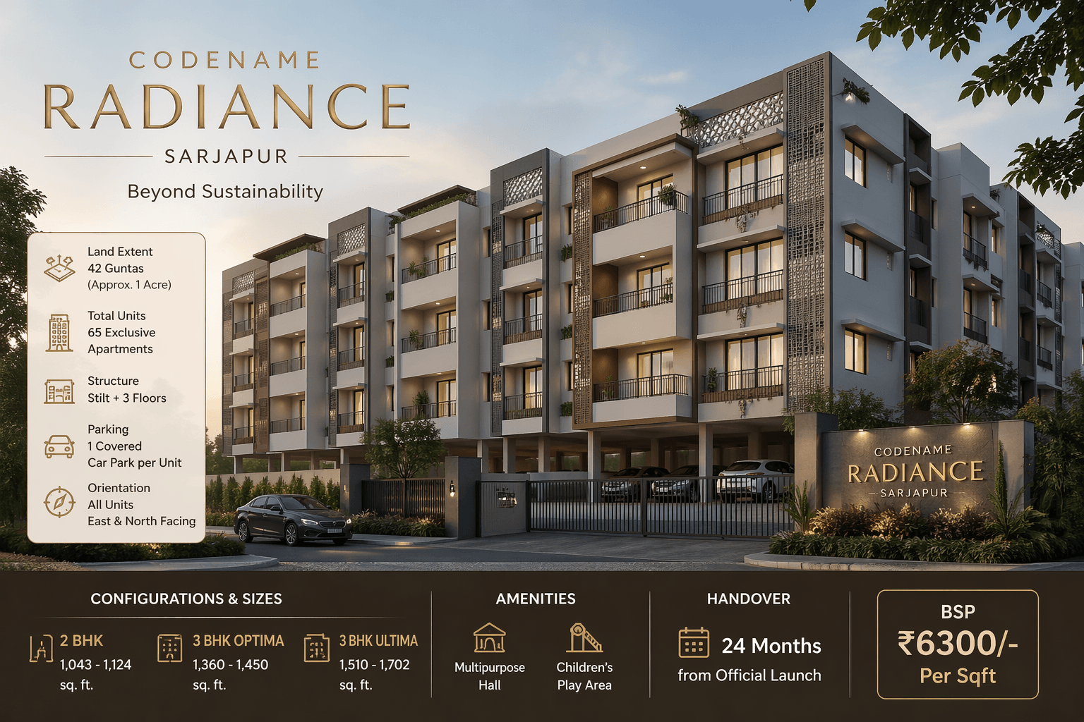 Codename Radiance Sarjapur premium apartments exterior view with modern design, stilt parking and landscaped surroundings