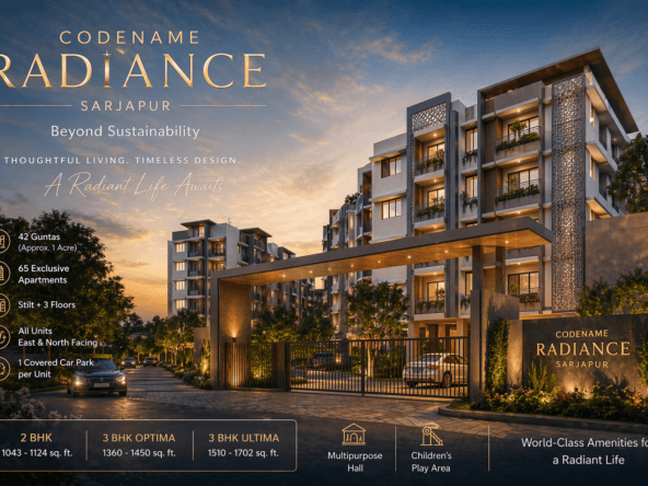 Codename Radiance Sarjapur gated community entrance with luxury apartments, modern architecture and greenery in Bangalore