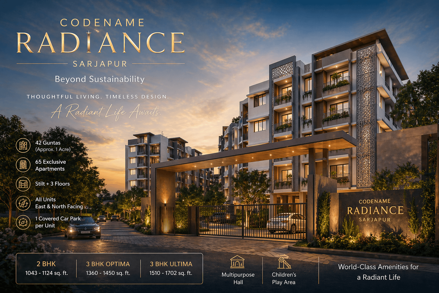 Codename Radiance Sarjapur gated community entrance with luxury apartments, modern architecture and greenery in Bangalore