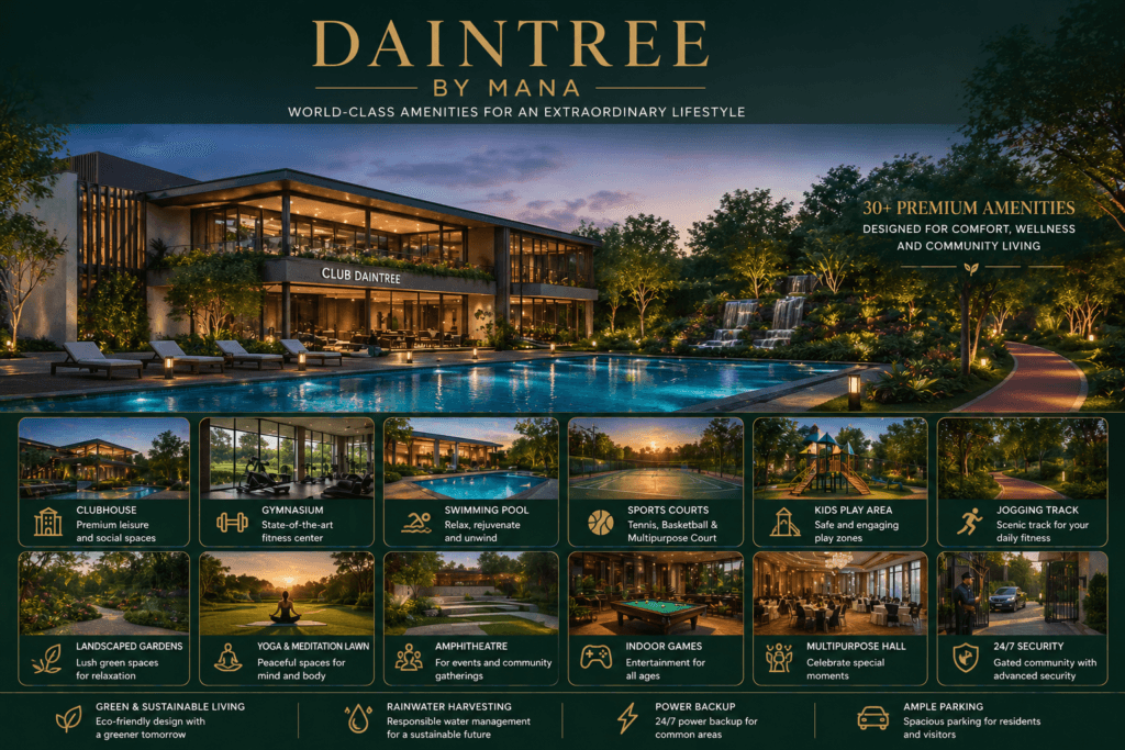 Daintree by Mana amenities including clubhouse, swimming pool, sports courts and landscaped gardens in premium villa community
