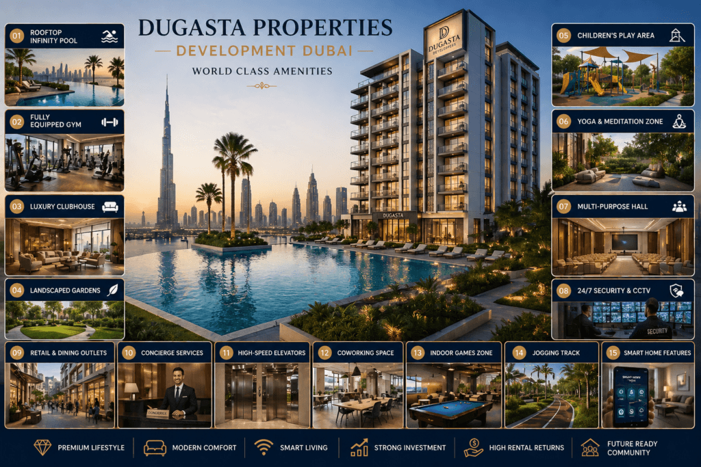 Dugasta Properties Development Dubai world class amenities including pool gym clubhouse and landscaped gardens