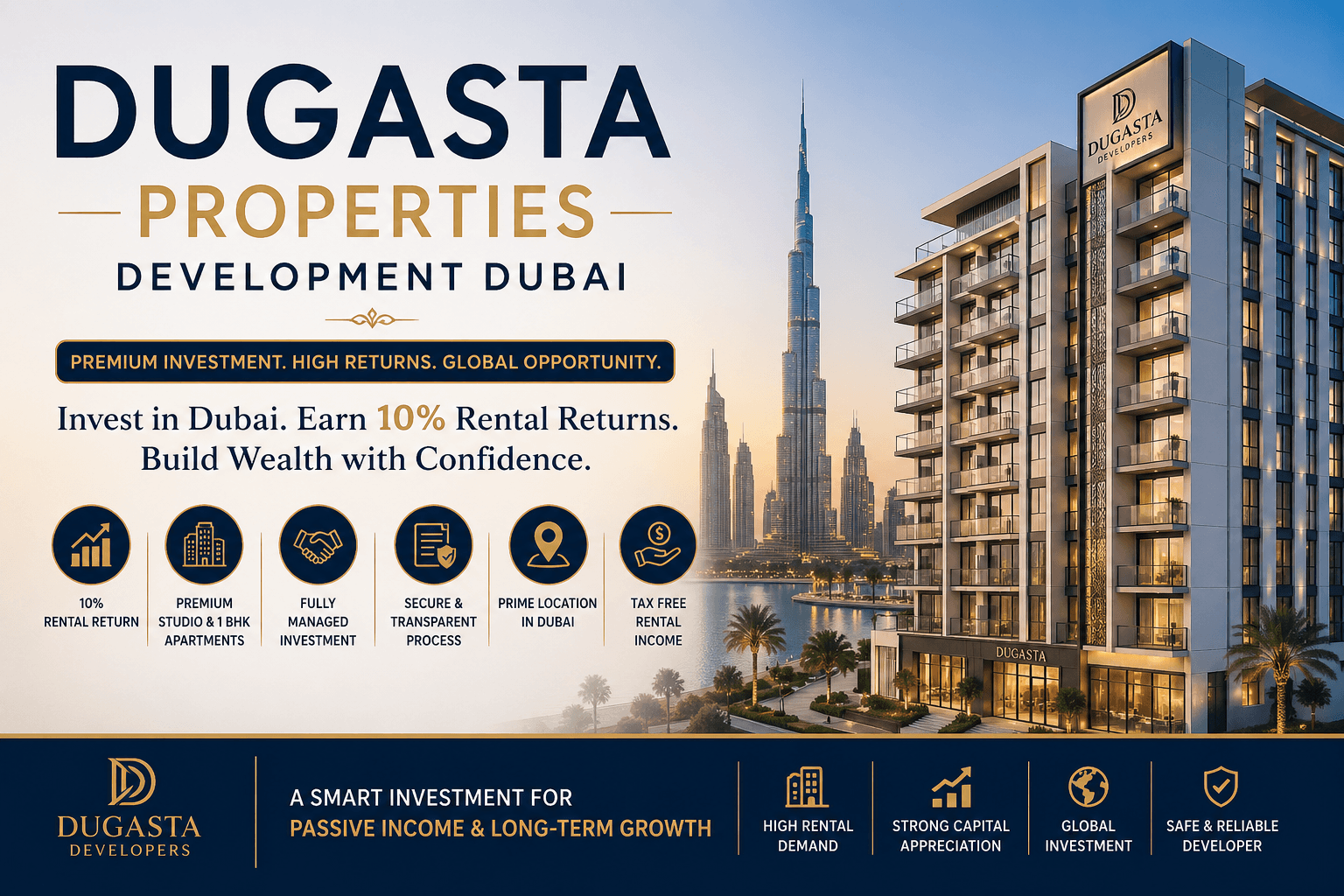Dugasta Properties Development Dubai luxury apartment building with skyline view and Burj Khalifa backdrop