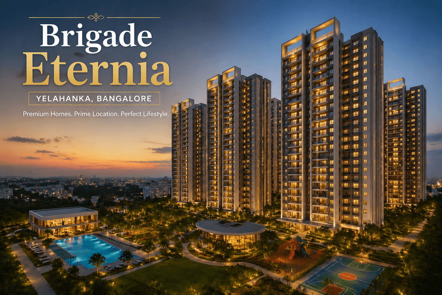 Brigade Eternia in Yelahanka Bangalore premium high-rise apartment towers with modern design and landscaped surroundings