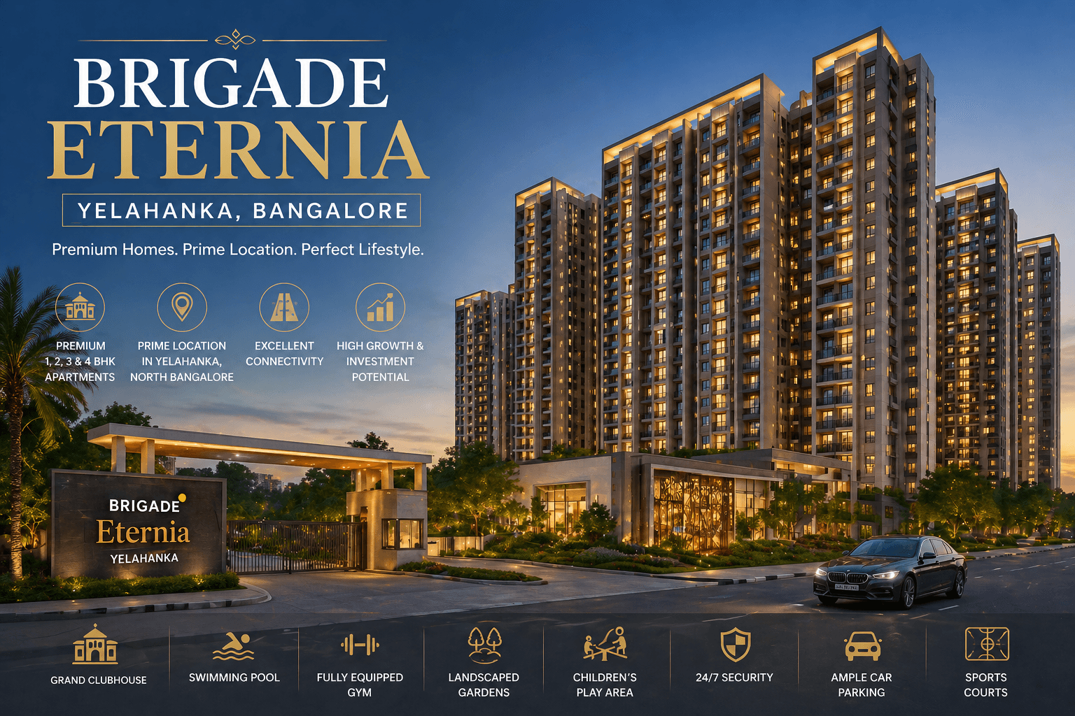 Brigade Eternia in Yelahanka Bangalore luxury apartments with grand entrance high-rise towers and premium lifestyle amenities