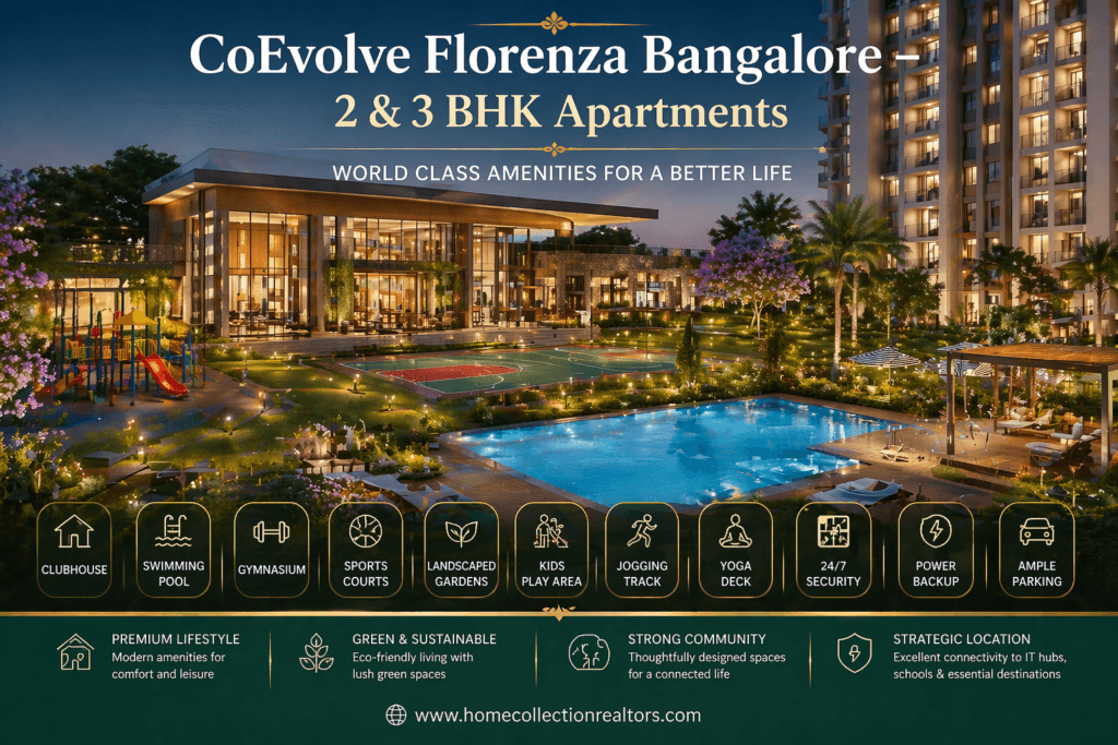 CoEvolve Florenza amenities swimming pool clubhouse gym sports courts landscaped garden Sarjapur Bangalore luxury apartment amenities