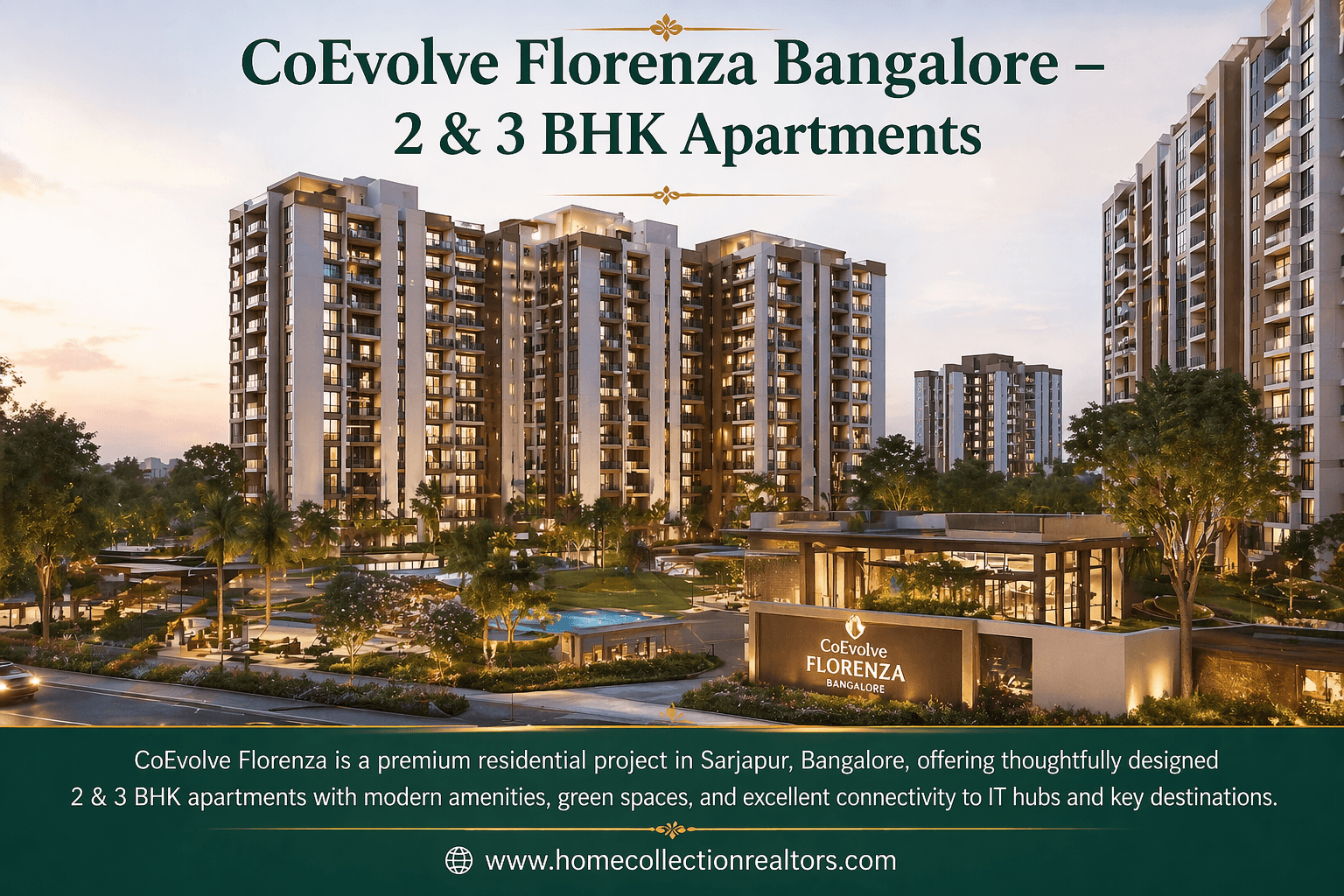 CoEvolve Florenza Bangalore 2 and 3 BHK apartments Sarjapur luxury residential towers with greenery and modern architecture
