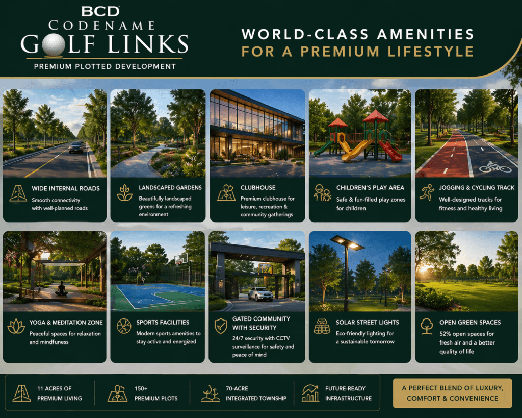 BCD Codename Golf Links amenities with clubhouse, landscaped gardens and modern lifestyle facilities