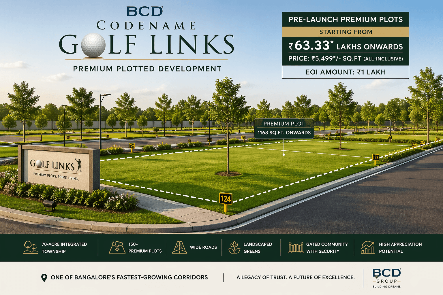 BCD Codename Golf Links plot layout showing 1163, 1200, 1500 and 2400 sq ft premium plots in Bangalore