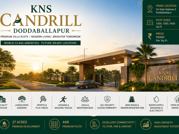 KNS Candrill Doddaballapur main entrance with gated community, premium villa plots, modern infrastructure and North Bengaluru location