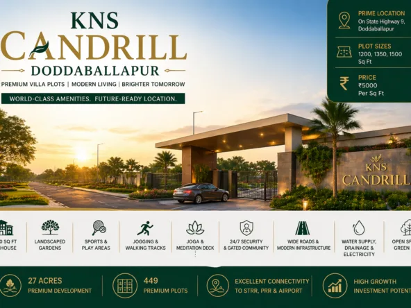 KNS Candrill Doddaballapur main entrance with gated community, premium villa plots, modern infrastructure and North Bengaluru location