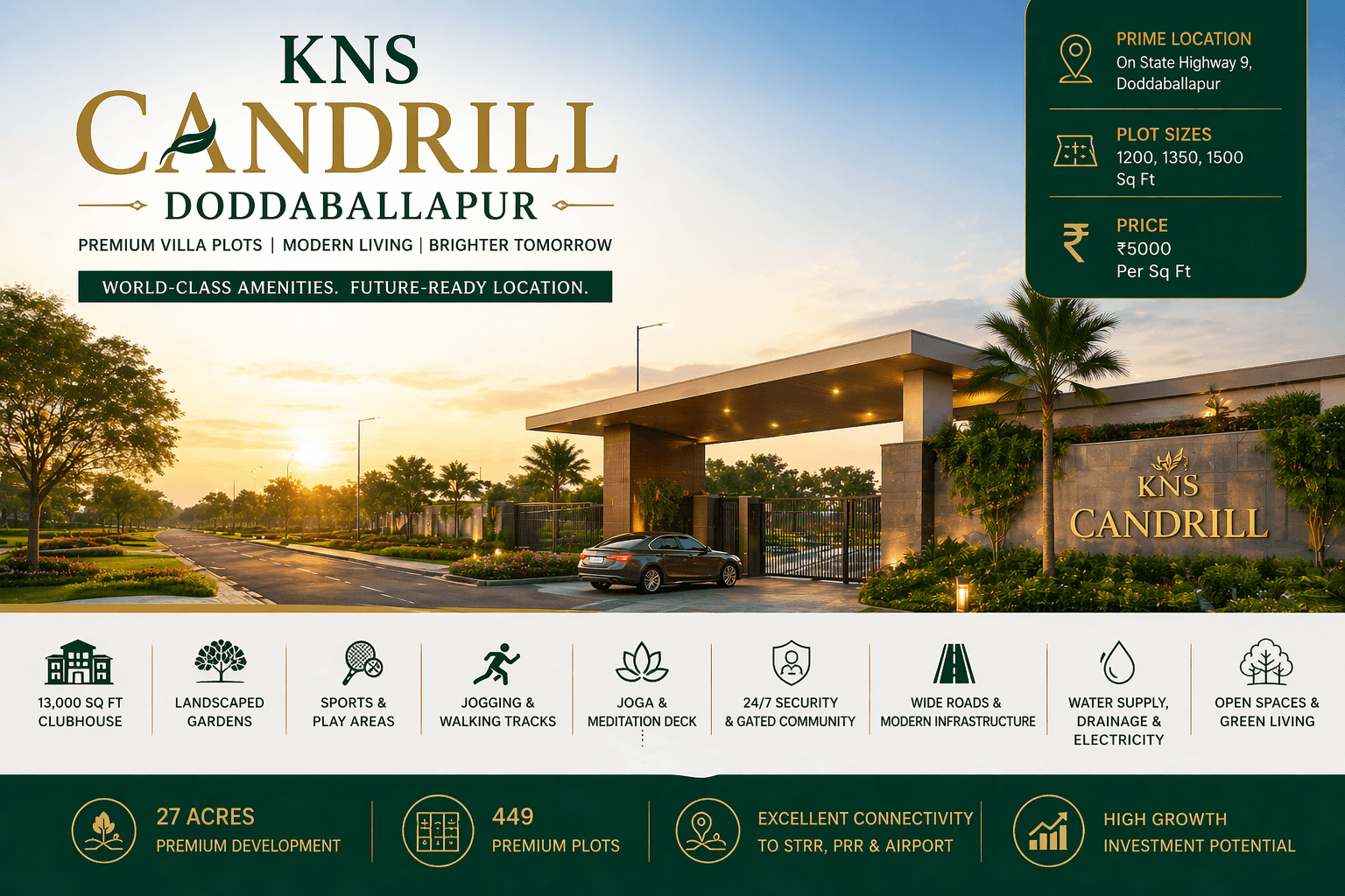 KNS Candrill Doddaballapur main entrance with gated community, premium villa plots, modern infrastructure and North Bengaluru location
