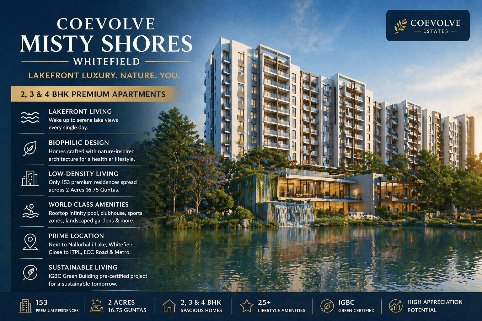 CoEvolve Misty Shores Whitefield 2, 3, 4 BHK lake view apartments premium high-rise building exterior day view