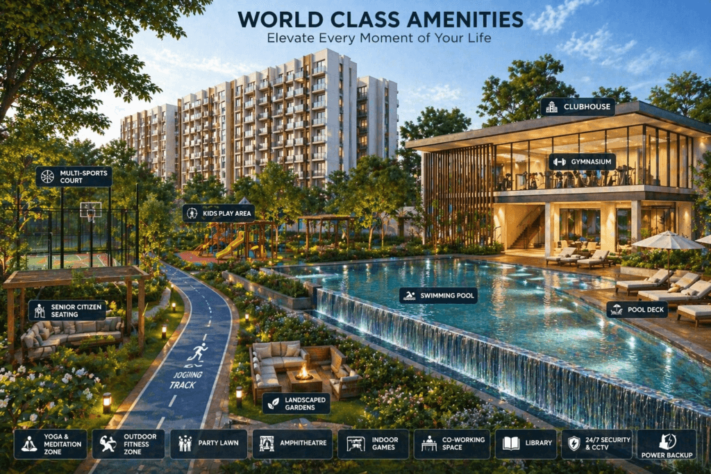 CoEvolve Misty Shores Whitefield world class amenities including swimming pool clubhouse gym gardens sports court and jogging track