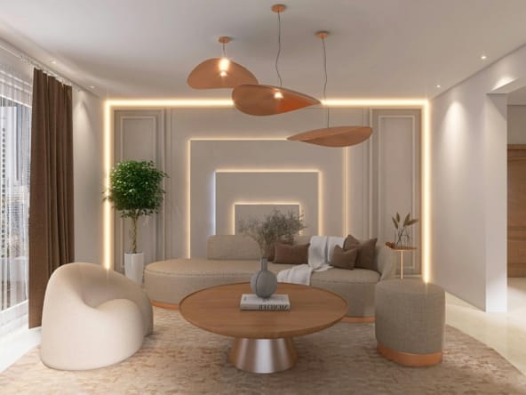Stylish modern living room featuring contemporary furniture and elegant lighting.