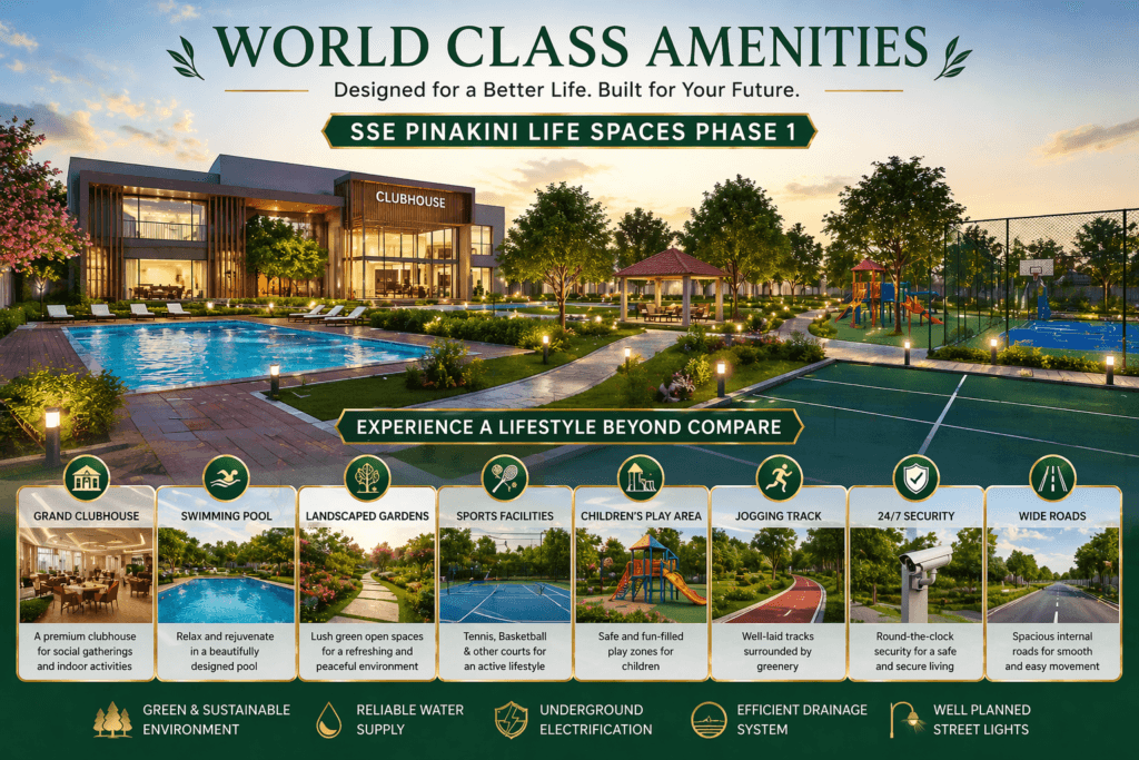 SSE Pinakini Life Spaces Phase 1 world class amenities including clubhouse swimming pool garden and sports facilities