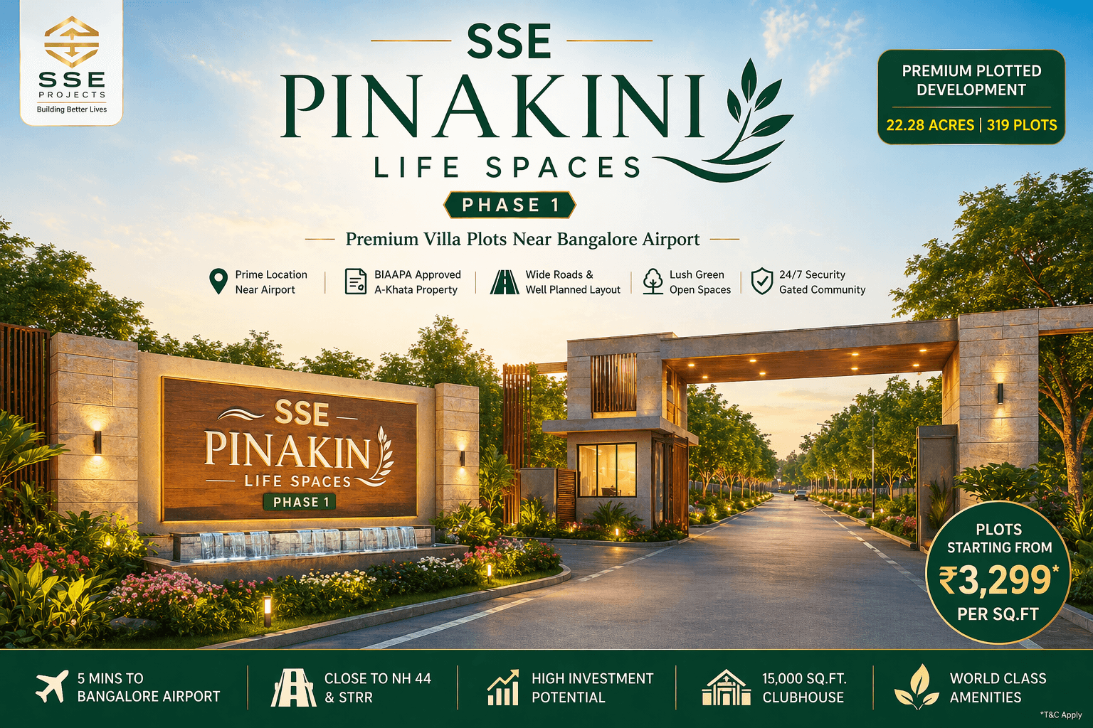 SSE Pinakini Life Spaces Phase 1 villa plots near Bangalore Airport entrance view with premium gated community layout