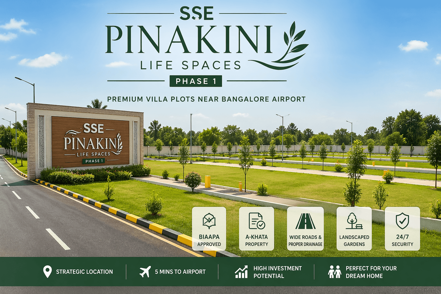 SSE Pinakini Life Spaces Phase 1 premium villa plots layout with wide roads and green surroundings near airport