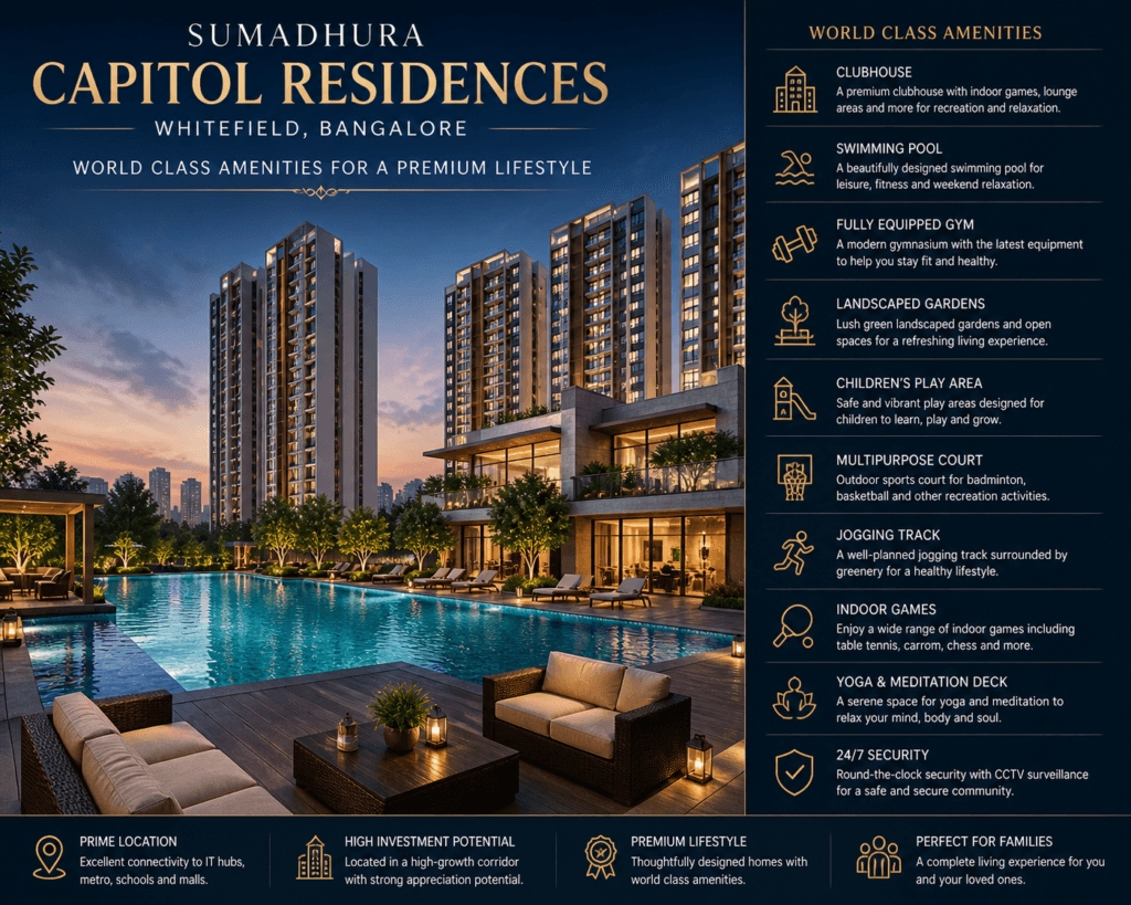 Sumadhura Capitol Residences amenities swimming pool clubhouse gym landscaped garden Whitefield Bangalore