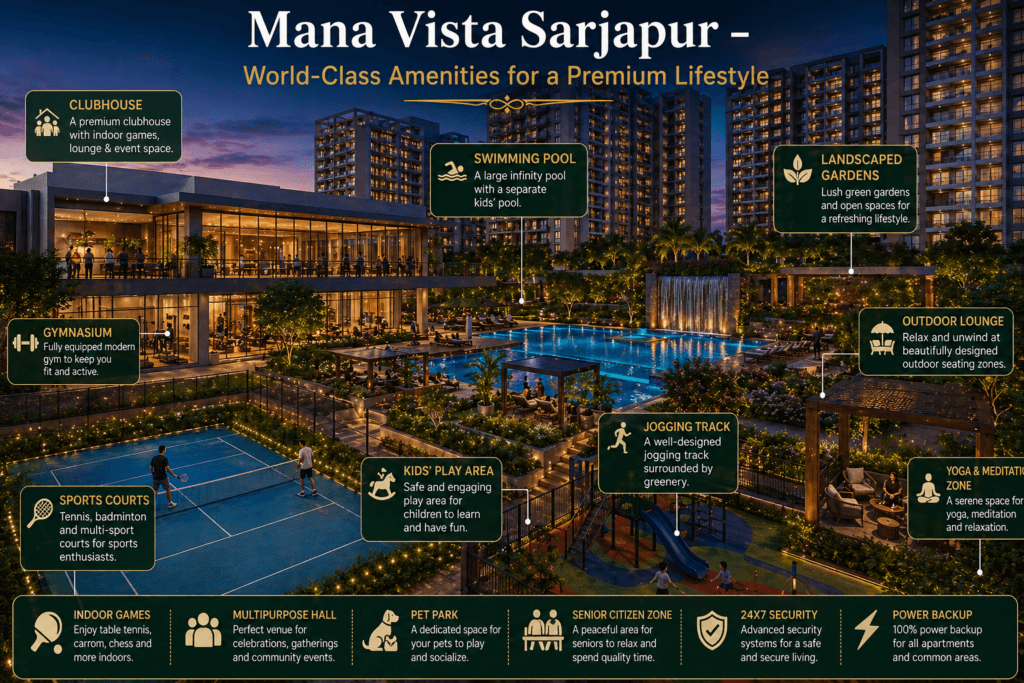 Mana Vista Sarjapur amenities including clubhouse, swimming pool, gym, landscaped gardens, and sports facilities in Gattahalli