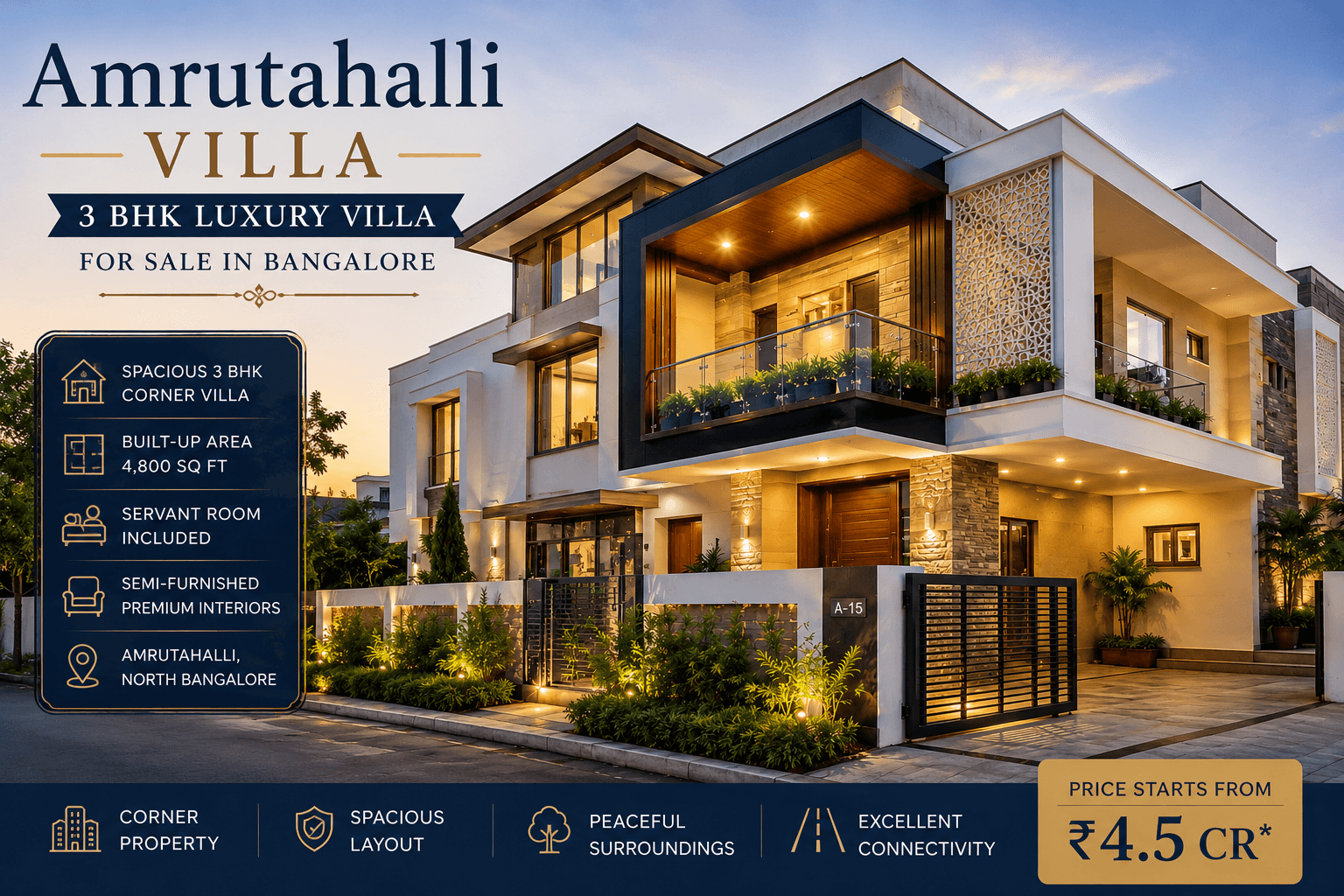 Amrutahalli Villa 3 BHK luxury villa for sale in Bangalore with 4800 sq ft layout and premium modern interiors