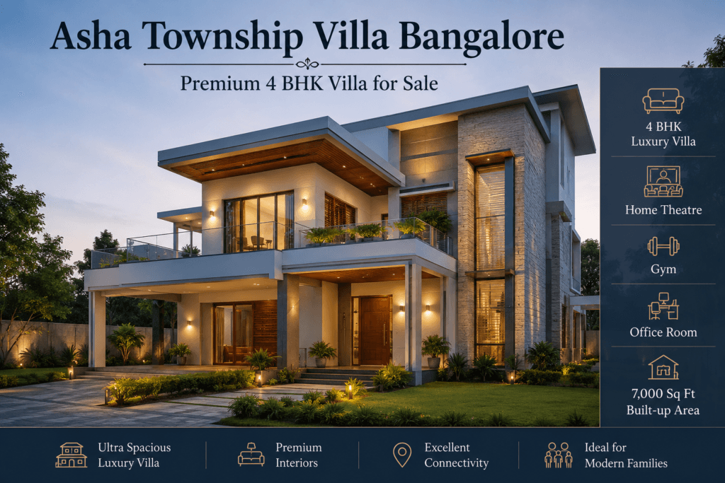 Asha Township Villa Bangalore premium 4 BHK luxury villa with home theatre, gym, office room and spacious modern architecture