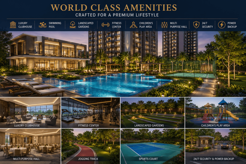 Century Bliss Doddaballapura world class amenities including clubhouse, swimming pool, gym, landscaped gardens, sports court, and children play area