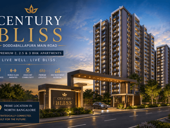 Century Bliss Doddaballapura Main Road premium luxury apartment towers in North Bangalore with modern entrance and high-rise residential development