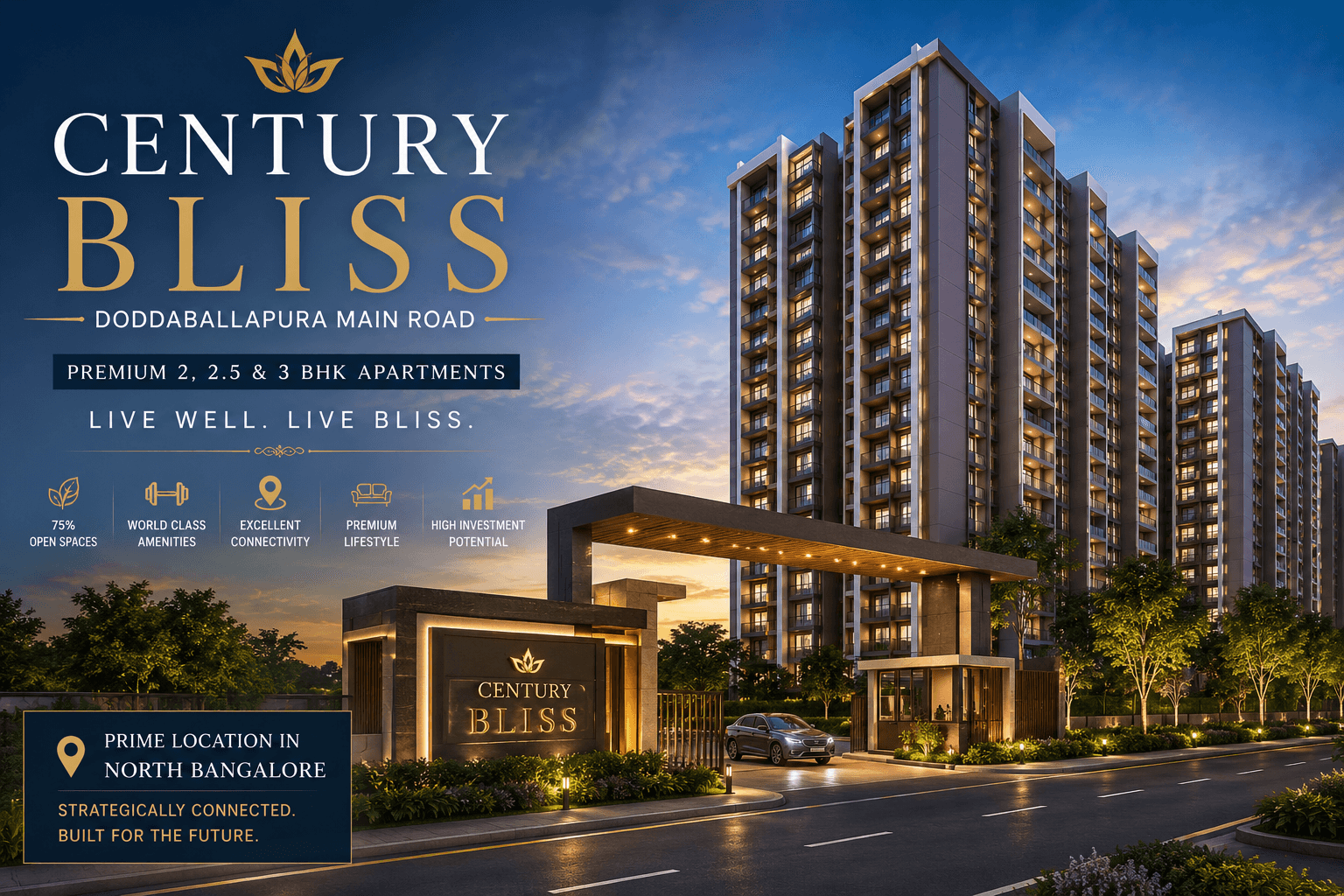 Century Bliss Doddaballapura Main Road premium luxury apartment towers in North Bangalore with modern entrance and high-rise residential development