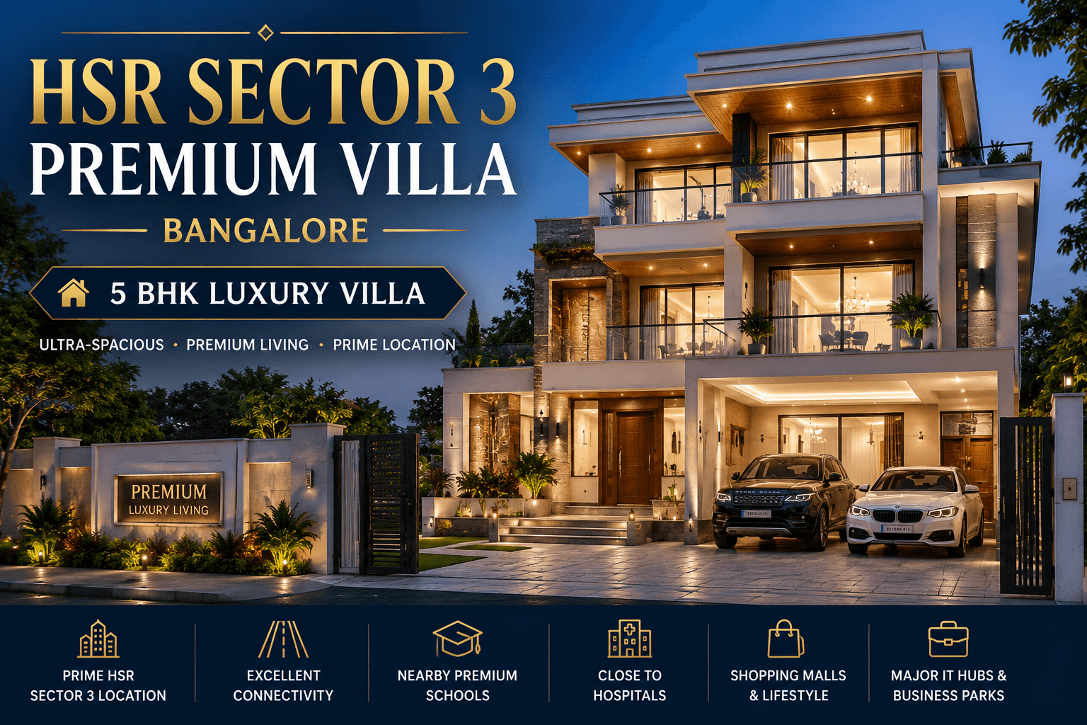 HSR Sector 3 Bangalore ultra-luxury 5 BHK independent villa with elegant elevation, premium interiors & grand modern lifestyle living