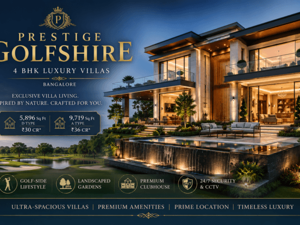 Prestige Golfshire Bangalore luxury 4 BHK villas featured image with golf-side lifestyle, landscaped gardens, premium clubhouse and 24x7 security amenities