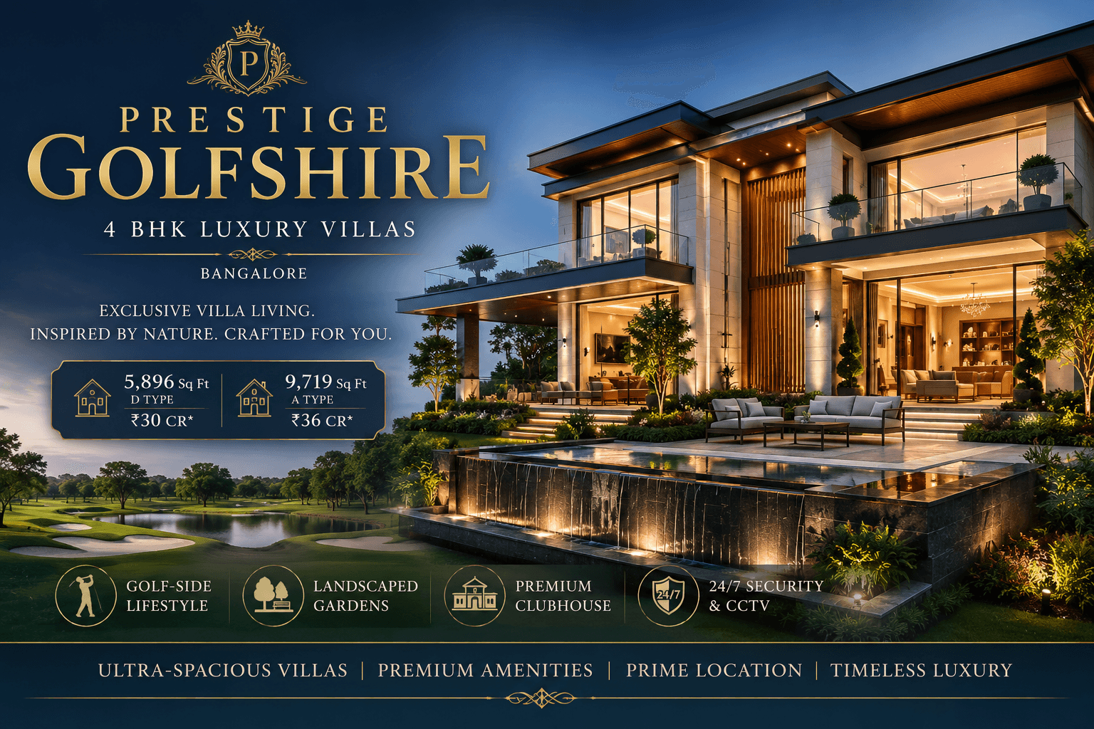 Prestige Golfshire Bangalore luxury 4 BHK villas featured image with golf-side lifestyle, landscaped gardens, premium clubhouse and 24x7 security amenities