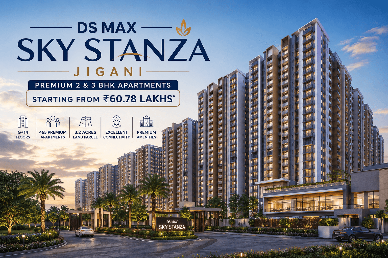 DS Max Sky Stanza Jigani premium apartment building elevation with modern high-rise towers and landscaped entrance in South Bangalore
