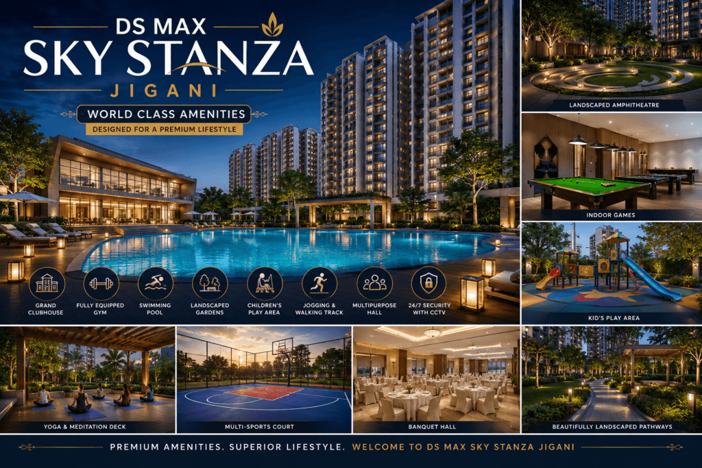 DS Max Sky Stanza Jigani world class amenities including swimming pool clubhouse gym landscaped gardens and premium lifestyle features