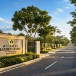 Adarsh Garden Estate Plot Resale Gattahalli premium gated community entrance with wide roads and landscaped greenery