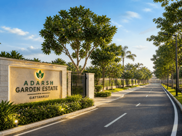 Adarsh Garden Estate Plot Resale Gattahalli premium gated community entrance with wide roads and landscaped greenery
