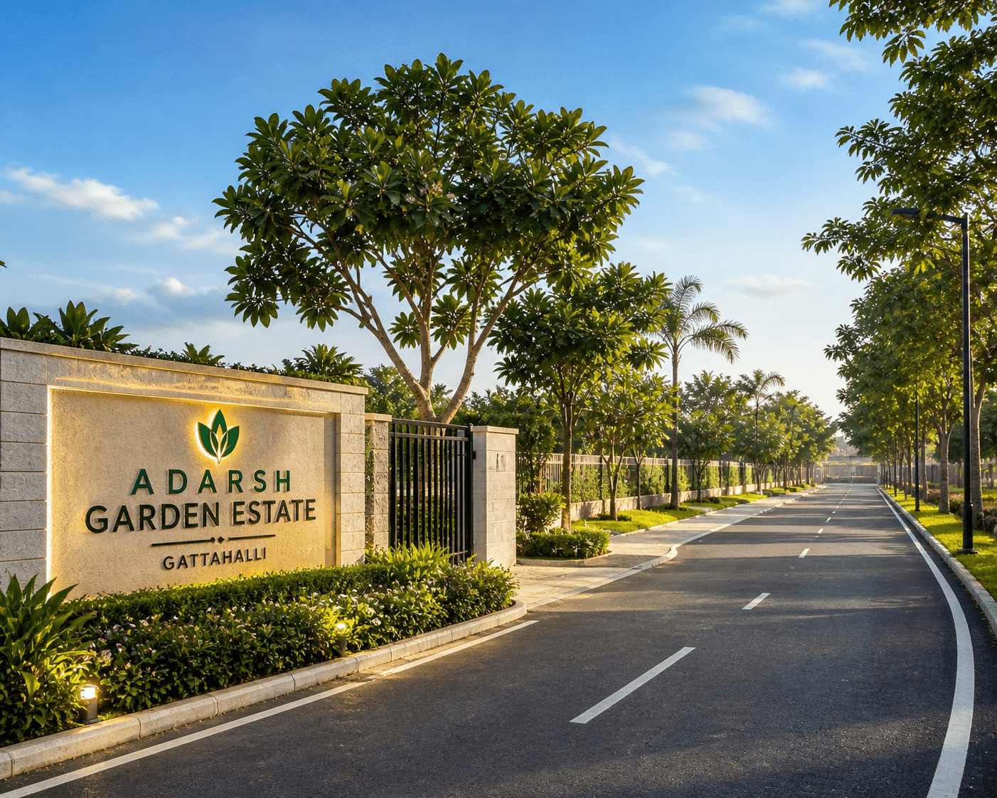 Adarsh Garden Estate Plot Resale Gattahalli premium gated community entrance with wide roads and landscaped greenery