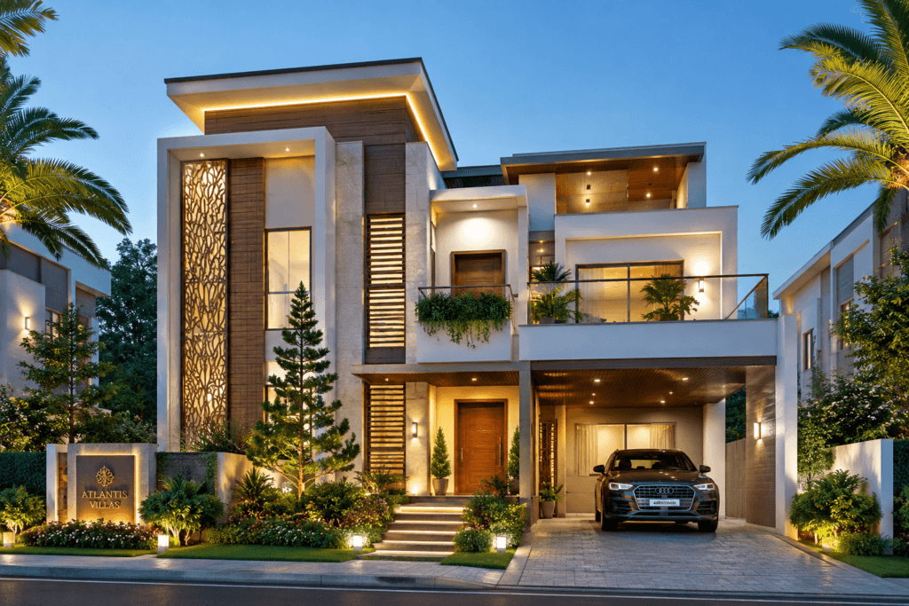Luxury modern villa exterior at Atlantis Villas Bangalore featuring premium 4 BHK architecture, landscaped driveway, spacious balcony, and elegant lighting.
