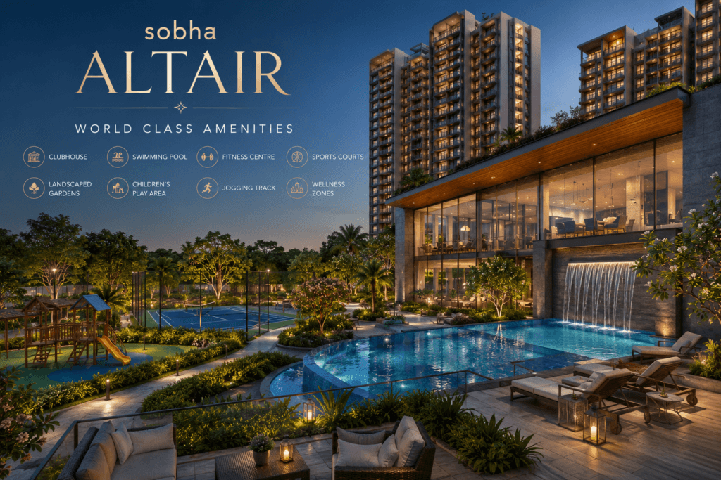 World-class amenities at sobha Altair including luxury clubhouse, swimming pool, landscaped gardens, fitness centre, sports courts, children’s play area, and premium lifestyle spaces in East Bangalore.