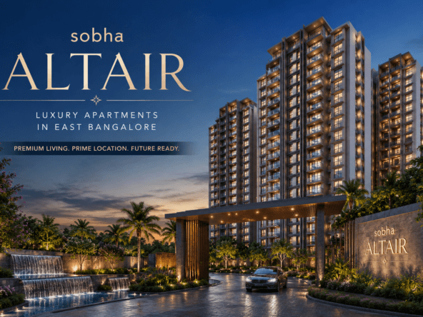 Luxury entrance view of sobha Altair premium apartment project in East Bangalore featuring modern high-rise towers, landscaped gardens, illuminated water features, and elegant architecture during sunset.