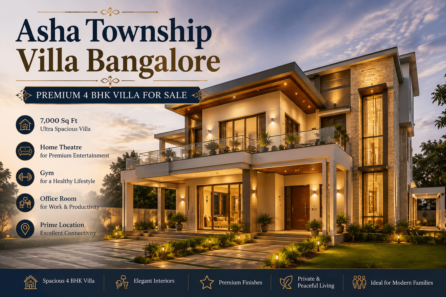 Asha Township Villa Bangalore luxury 4 BHK semi furnished villa for sale with premium interiors and spacious 7000 sq ft layout