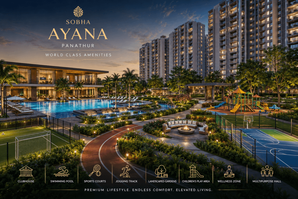 “sobha ayana panathur world class amenities with clubhouse swimming pool sports courts and landscaped gardens”