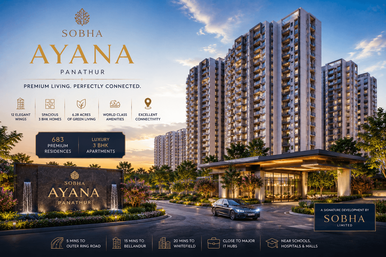 “sobha ayana panathur luxury apartment project with premium high-rise towers and landscaped entrance in east bangalore”