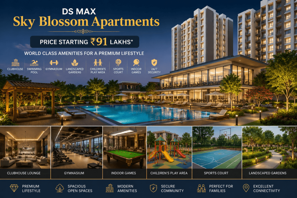 DS MAX Sky Blossom world-class amenities including clubhouse, swimming pool, gymnasium, landscaped gardens, sports court, children’s play area, and premium lifestyle facilities.