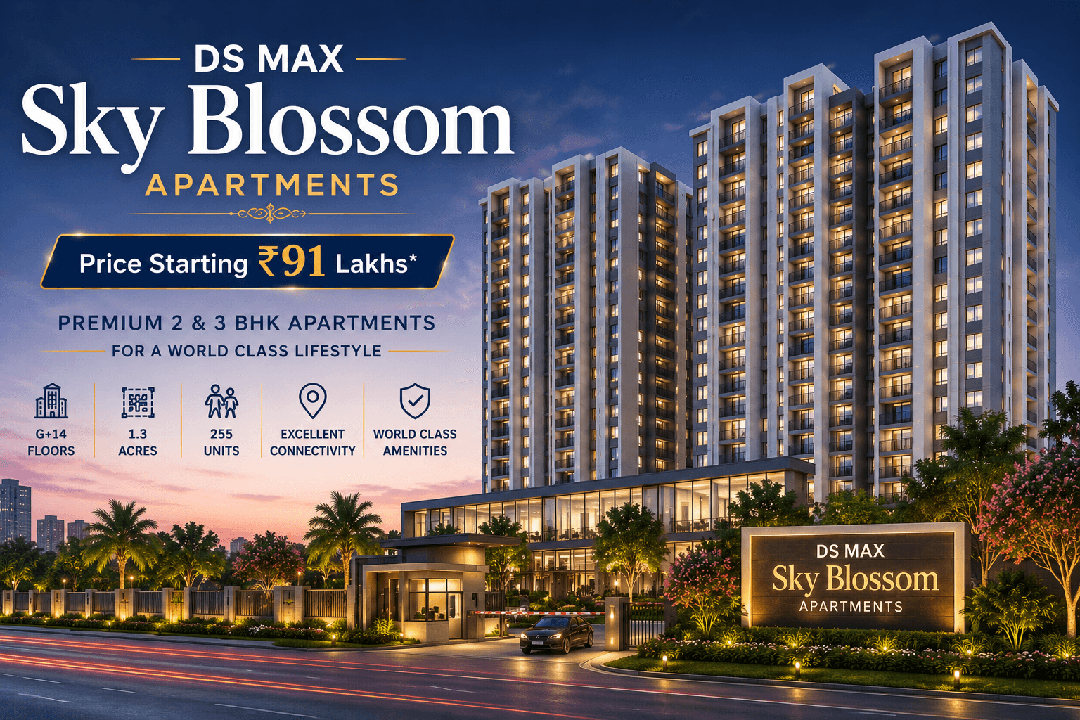 DS MAX Sky Blossom Apartments Bangalore featuring premium G+14 high-rise towers, modern architecture, landscaped surroundings, and spacious 2 & 3 BHK apartments.